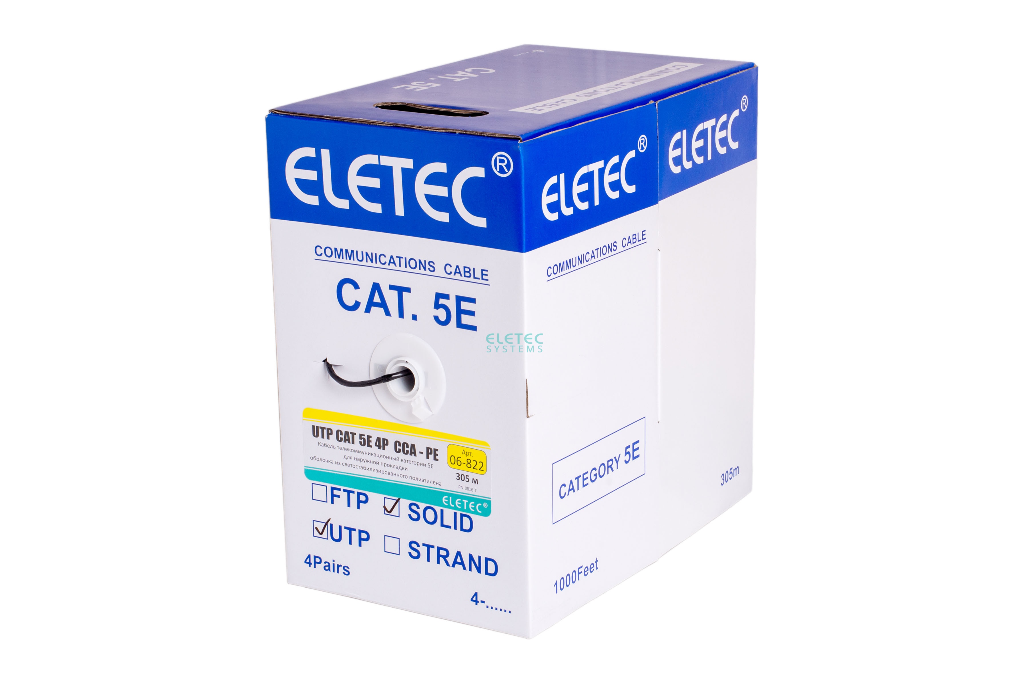 Кабель UTP 5E Eletec 4x2xAWG24, наружный, эконом, 305 м, CCA (медь 30%), 06-822